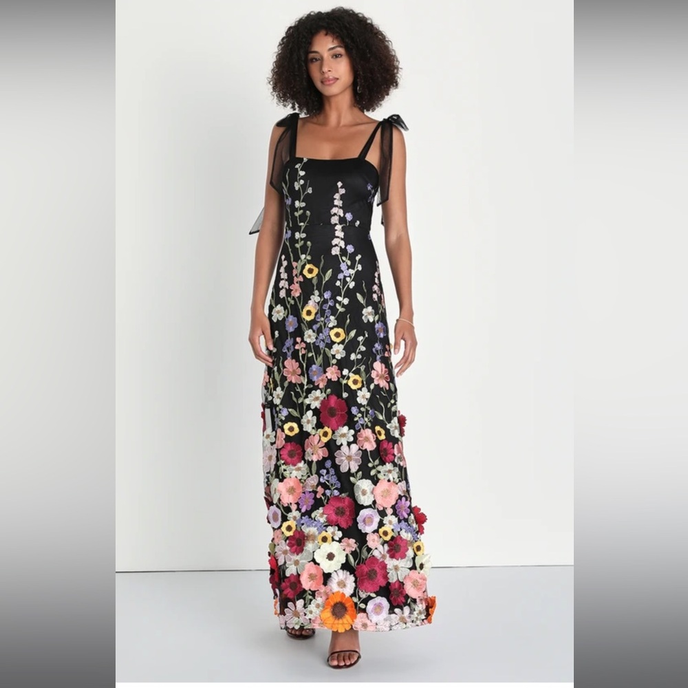 Thriving Poise Black 3D Floral Embroidered Tie-Strap Maxi Dress